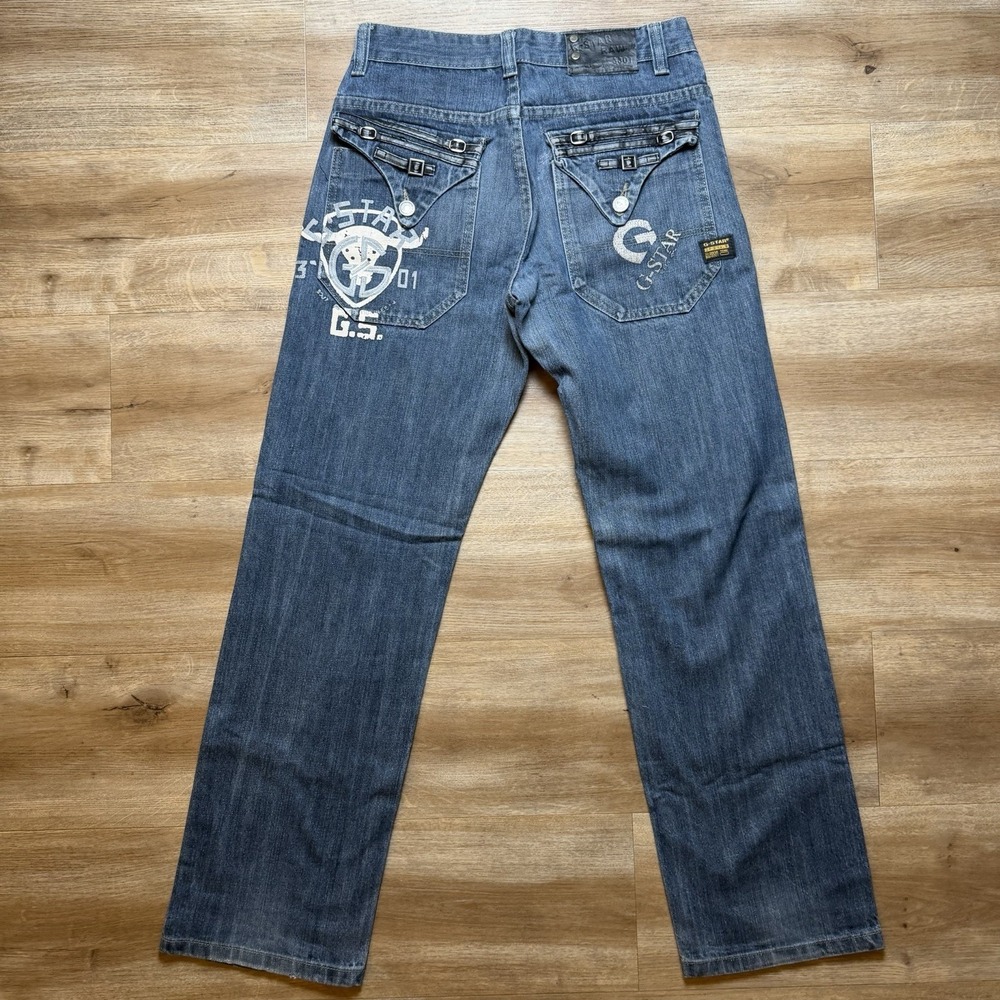 G-Star RAW Jeans Men 28x32 Blue Storm Elwood Straight Leg Flap Pockets Logo Y2K